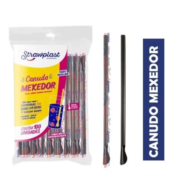Canudo Colher Mexedor Preto Para Drinks 100 Unidades