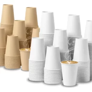 Kit 100 Copos De Papel Descartável 240ml E Tampa Térmica Cor Kraft Com Tampa Preta