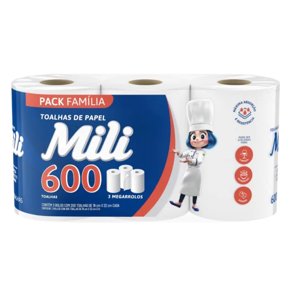 Toalhas de papel, composto por 3 rolos de 200 folhas cada (total de 600 folhas). - Imagem 2