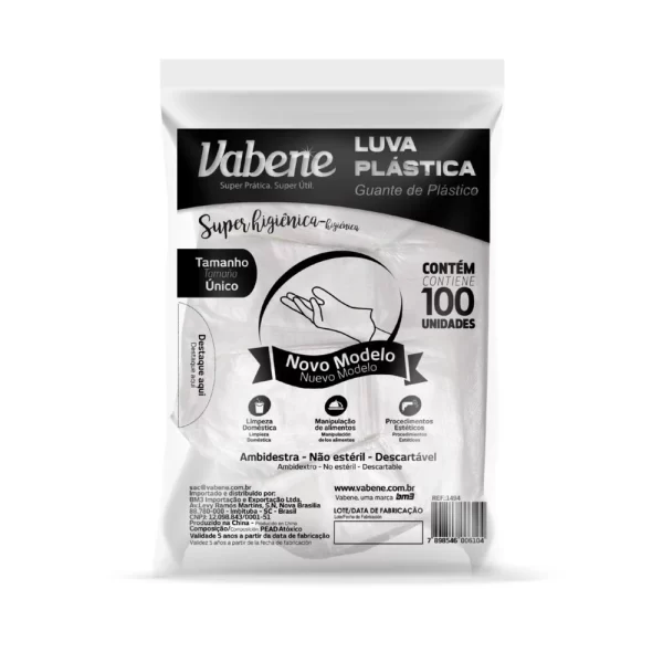Luvas Plástica Descartável Vabene -100 Unidades