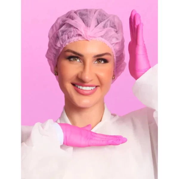 Kit Estética 100 Toucas Tnt Rosa 100 Mascara de proteção Rosa e 100 Luvas Nitrílicas Rosa - Imagem 6