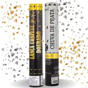 Kit 2 Lança Confete Festa Metalizado Dourado e Prata